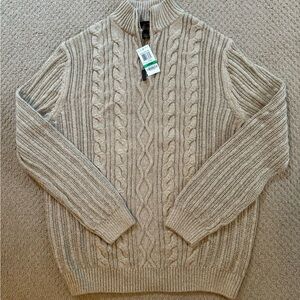 NWT Tasso Elba Men’s Cableknit Quarter- Zip Taupe Sweater Size L